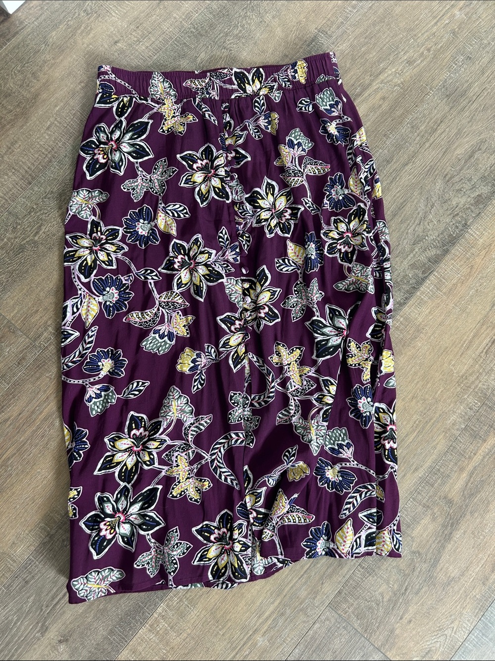 LOFT Plum Floral Midi Skirt with Yellow Accents
